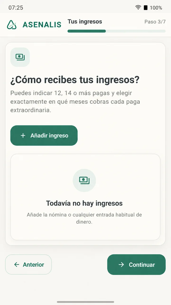 Paso de ingresos del onboarding de ASENALIS