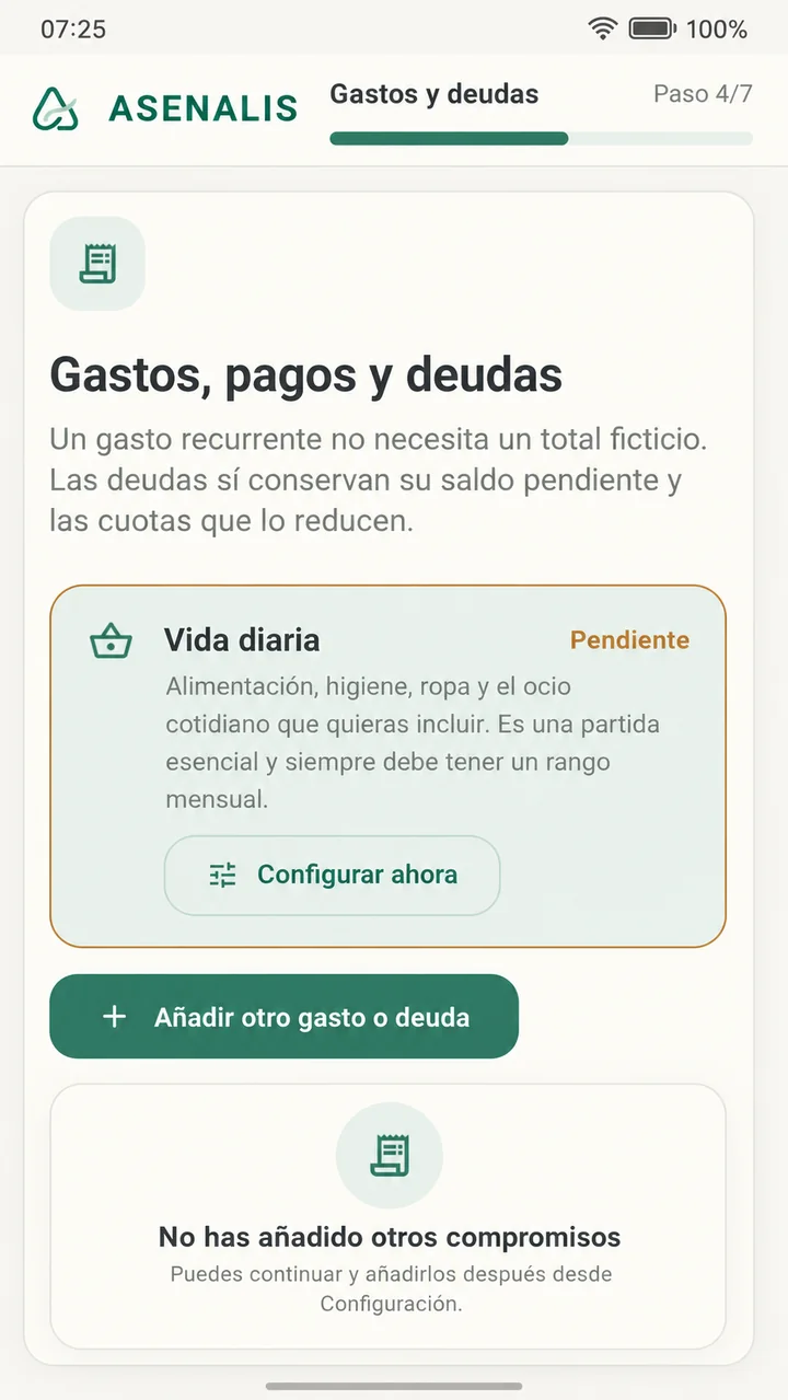 Configuración de gastos y deudas en ASENALIS