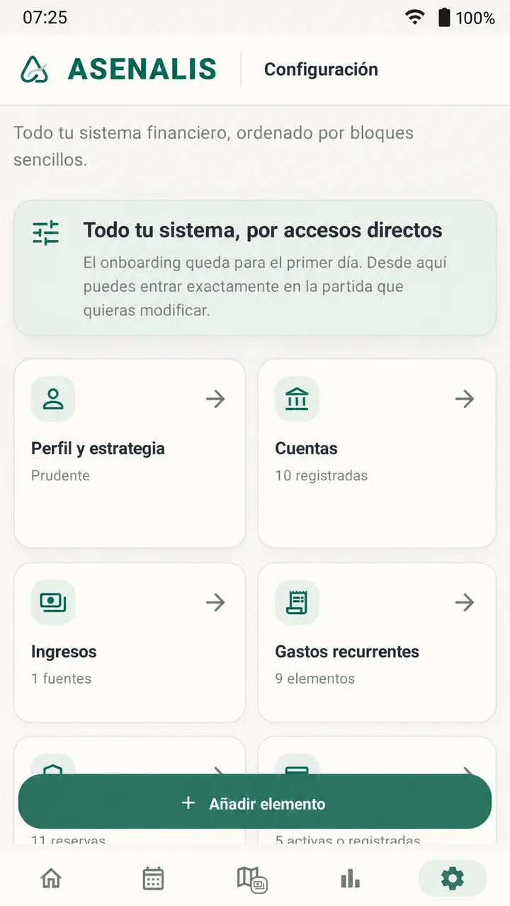 Accesos directos de configuración de ASENALIS