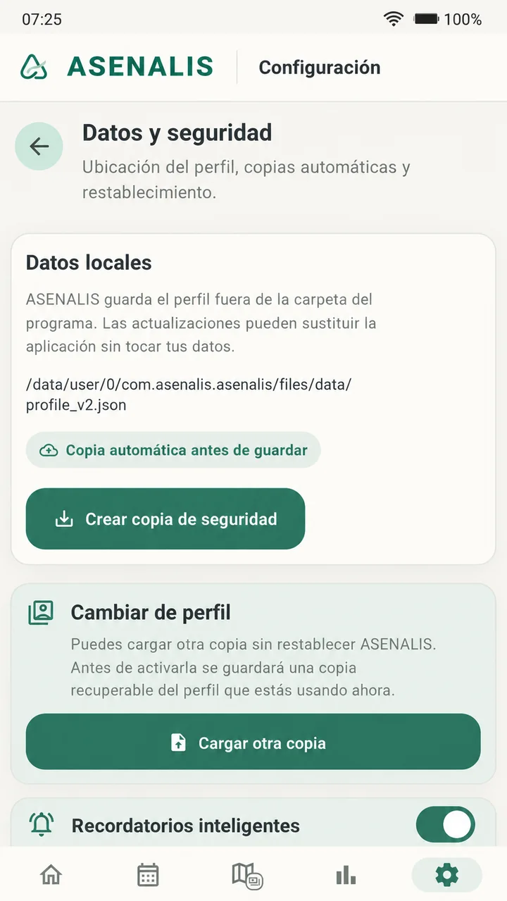 Datos locales, copias y cambio de perfil en ASENALIS