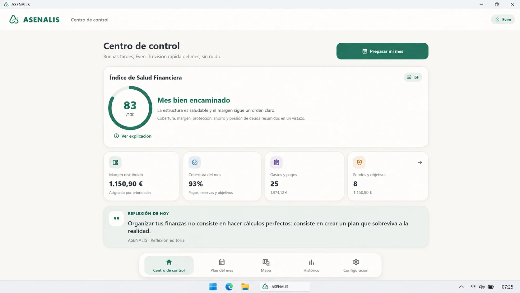 Centro de control de ASENALIS en Windows